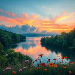 A highly realistic depiction of a serene natural landscape featuring a tranquil lake surrounded by lush green trees, a vibrant sunset with orange and pink hues reflecting on the water, and soft, fluffy clouds in the sky