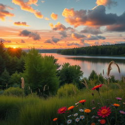 A highly realistic depiction of a serene natural landscape featuring a tranquil lake surrounded by lush green trees, a vibrant sunset with orange and pink hues reflecting on the water, and soft, fluffy clouds in the sky