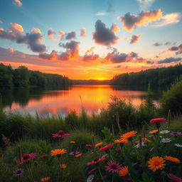 A highly realistic depiction of a serene natural landscape featuring a tranquil lake surrounded by lush green trees, a vibrant sunset with orange and pink hues reflecting on the water, and soft, fluffy clouds in the sky