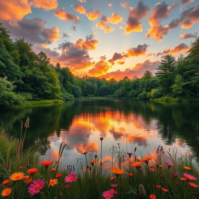 A highly realistic depiction of a serene natural landscape featuring a tranquil lake surrounded by lush green trees, a vibrant sunset with orange and pink hues reflecting on the water, and soft, fluffy clouds in the sky