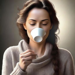 A high-quality digital art image depicts a serene scene of a person savoring a cup of coffee