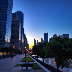 A vibrant city skyline at dusk, featuring towering skyscrapers with reflective glass windows