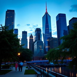 A vibrant city skyline at dusk, featuring towering skyscrapers with reflective glass windows