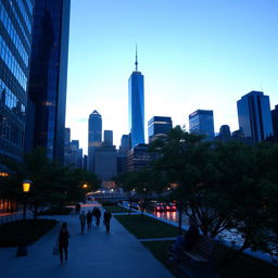 A vibrant city skyline at dusk, featuring towering skyscrapers with reflective glass windows