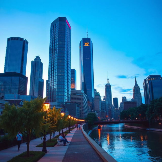 A vibrant city skyline at dusk, featuring towering skyscrapers with reflective glass windows