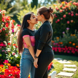 Two beautiful lesbian partners kissing in a beautiful garden