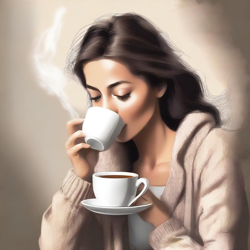 A high-quality digital art image depicts a serene scene of a person savoring a cup of coffee