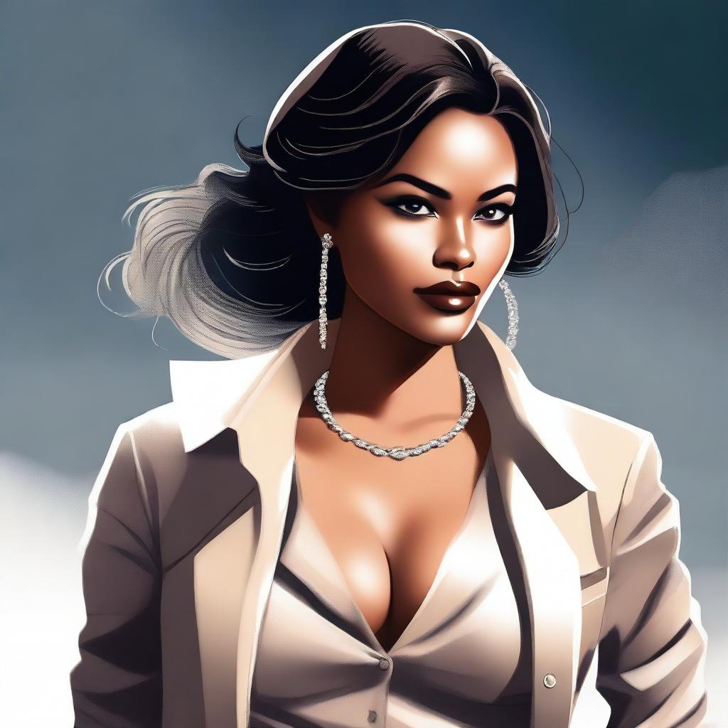 A high-quality digital art image featuring a woman in a stylish and classy outfit