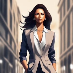 A high-quality digital art image featuring a woman in a stylish and classy outfit