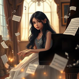 A beautiful girl with long black hair and sun-kissed skin, possessing eyes that shine like the moon
