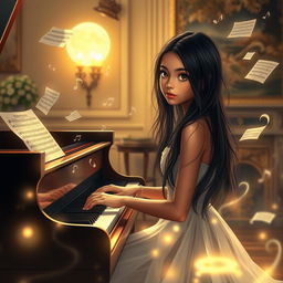 A beautiful girl with long black hair and sun-kissed skin, possessing eyes that shine like the moon