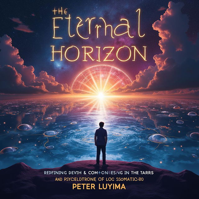 An intriguing book cover for 'The Eternal Horizon: Redefining Death and Communication in the Era of Psychotronic and Quantum Logic' by Ssemakula Peter Luyima