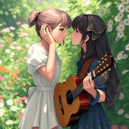 In a lush green garden filled with beautiful flowers, a girl is playing her usual song while standing in front of another girl