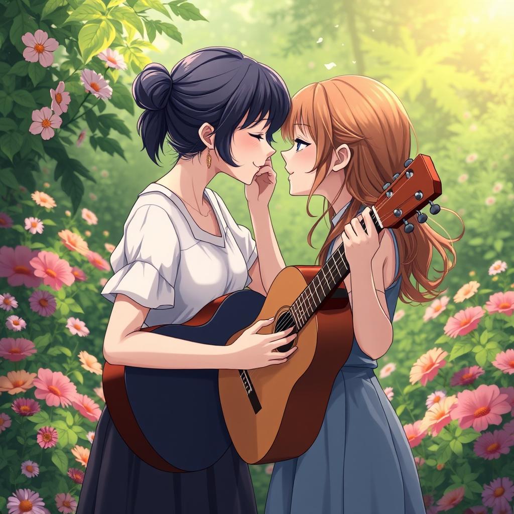 In a lush green garden filled with beautiful flowers, a girl is playing her usual song while standing in front of another girl