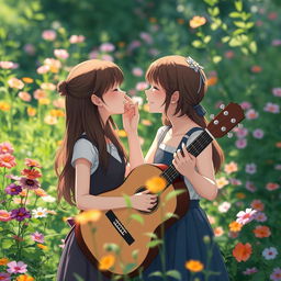 In a lush green garden filled with beautiful flowers, a girl is playing her usual song while standing in front of another girl