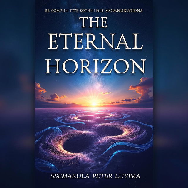 An eye-catching book cover for 'The Eternal Horizon: Redefining Death and Communication in the Era of Psychotronic and Quantum Logic' authored by Ssemakula Peter Luyima