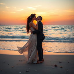 A romantic scene featuring two people passionately kissing under a beautiful sunset