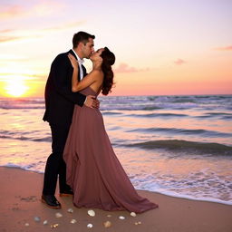 A romantic scene featuring two people passionately kissing under a beautiful sunset