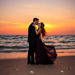 A romantic scene featuring two people passionately kissing under a beautiful sunset