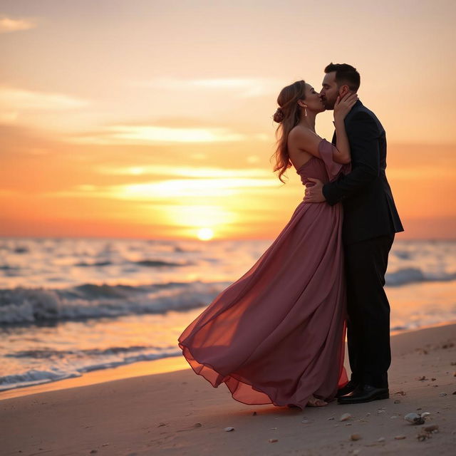 A romantic scene featuring two people passionately kissing under a beautiful sunset