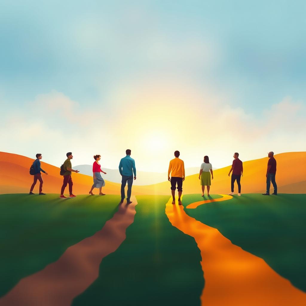 An abstract representation of the concept of starting from zero, featuring a diverse group of individuals each at their unique starting point, symbolized by various pathways leading into a vibrant, colorful landscape