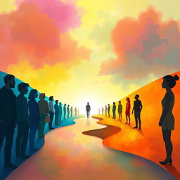 An abstract representation of the concept of starting from zero, featuring a diverse group of individuals each at their unique starting point, symbolized by various pathways leading into a vibrant, colorful landscape