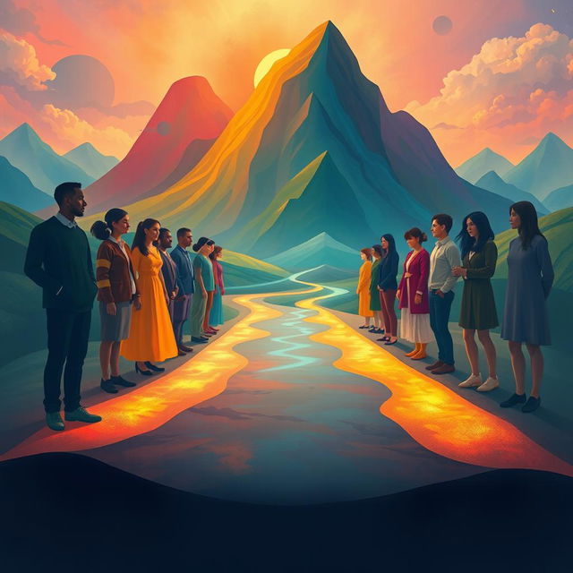 An abstract representation of the concept of starting from zero, featuring a diverse group of individuals each at their unique starting point, symbolized by various pathways leading into a vibrant, colorful landscape