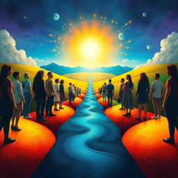 An abstract representation of the concept of starting from zero, featuring a diverse group of individuals each at their unique starting point, symbolized by various pathways leading into a vibrant, colorful landscape