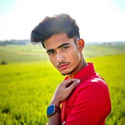 A young man wearing a bright red striped shirt is standing in a picturesque field, one hand placed thoughtfully on his head, partially obscuring his face