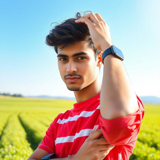 A young man wearing a bright red striped shirt is standing in a picturesque field, one hand placed thoughtfully on his head, partially obscuring his face