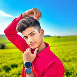 A young man wearing a bright red striped shirt is standing in a picturesque field, one hand placed thoughtfully on his head, partially obscuring his face
