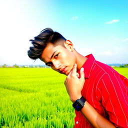 A young man wearing a bright red striped shirt is standing in a picturesque field, one hand placed thoughtfully on his head, partially obscuring his face
