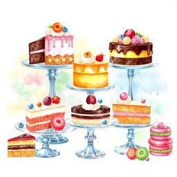 An artistic watercolor painting of an exquisite dessert display, featuring a variety of tempting pastries, cakes, and colorful macarons