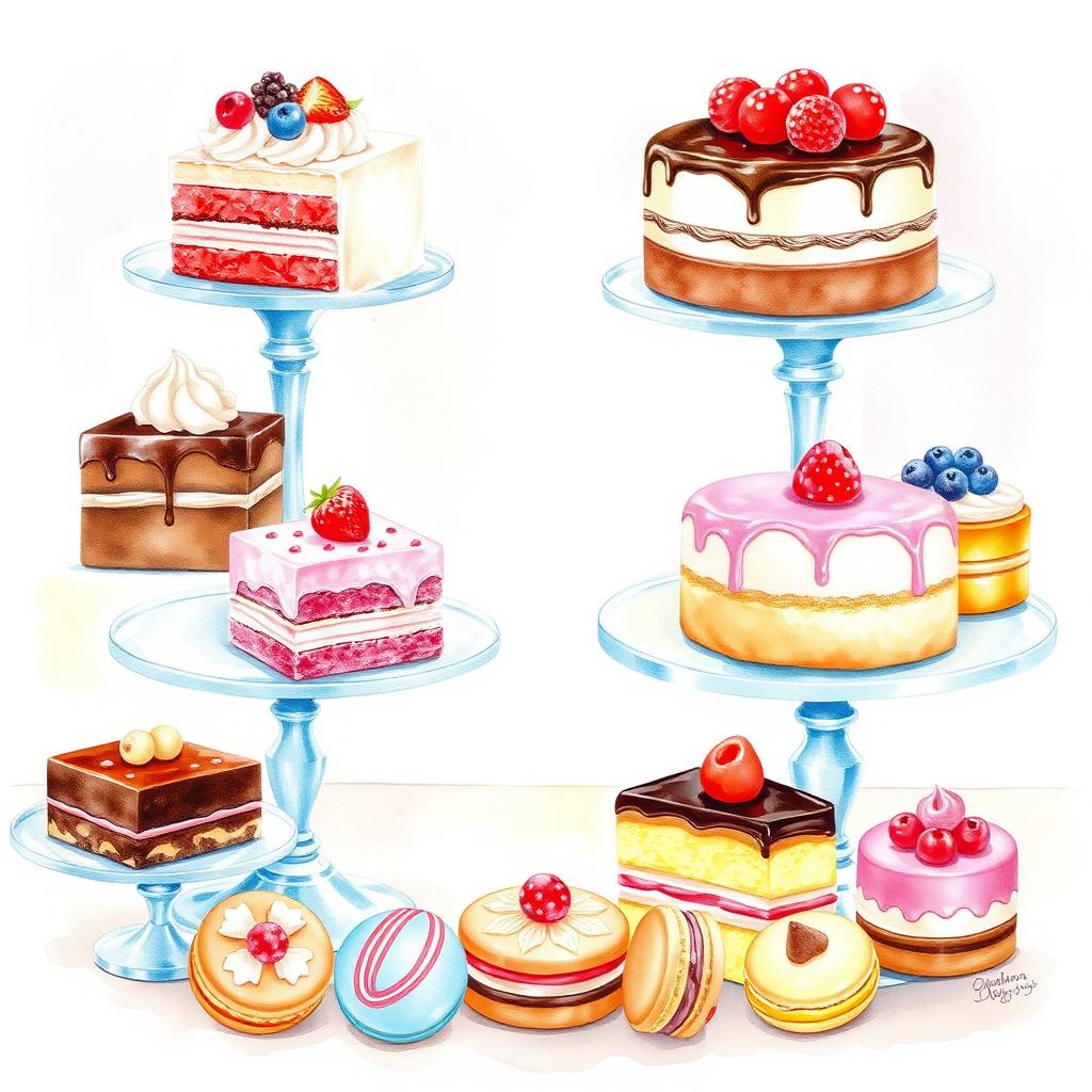 An artistic watercolor painting of an exquisite dessert display, featuring a variety of tempting pastries, cakes, and colorful macarons