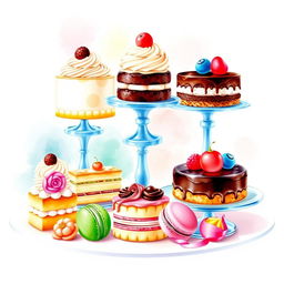 An artistic watercolor painting of an exquisite dessert display, featuring a variety of tempting pastries, cakes, and colorful macarons