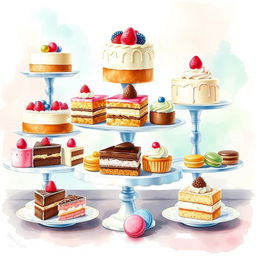 An artistic watercolor painting of an exquisite dessert display, featuring a variety of tempting pastries, cakes, and colorful macarons