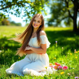 A beautiful young woman kneeling gracefully on soft grass in a serene outdoor setting