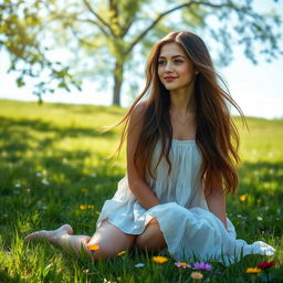 A beautiful young woman kneeling gracefully on soft grass in a serene outdoor setting