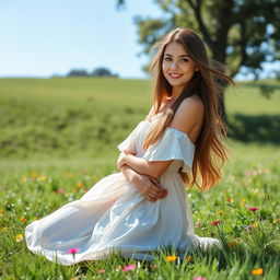 A beautiful young woman kneeling gracefully on soft grass in a serene outdoor setting