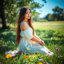 A beautiful young woman kneeling gracefully on soft grass in a serene outdoor setting