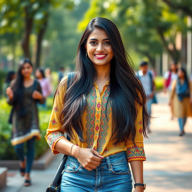 A beautiful desi milf with long, flowing black hair, dressed in a stylish college outfit consisting of a fitted, colorful kurti and denim jeans