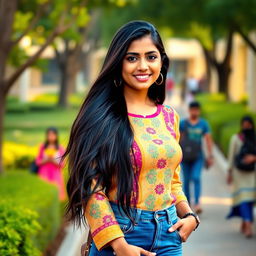 A beautiful desi milf with long, flowing black hair, dressed in a stylish college outfit consisting of a fitted, colorful kurti and denim jeans