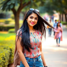 A beautiful desi milf with long, flowing black hair, dressed in a stylish college outfit consisting of a fitted, colorful kurti and denim jeans