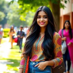 A beautiful desi milf with long, flowing black hair, dressed in a stylish college outfit consisting of a fitted, colorful kurti and denim jeans