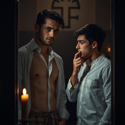 A tense and provocative scene set in a dimly lit confessional