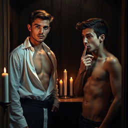 A tense and provocative scene set in a dimly lit confessional