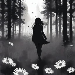 A high-quality digital art piece depicts a girl, her hair flowing in the wind, as she strides through a field of inky black daisies