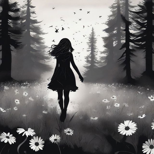 A high-quality digital art piece depicts a girl, her hair flowing in the wind, as she strides through a field of inky black daisies