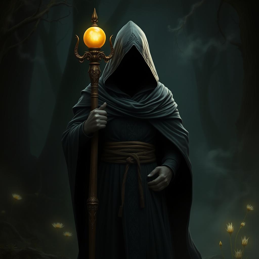 A mysterious hooded figure standing confidently, their face hidden in shadows, leaning on a tall, ornate staff