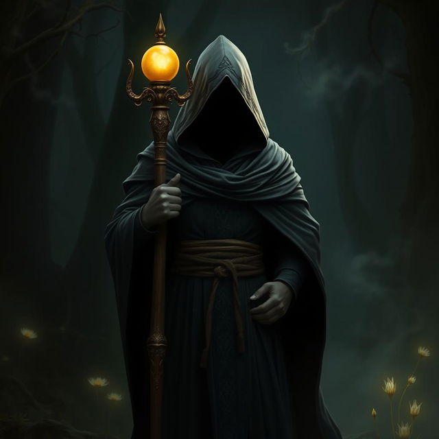 A mysterious hooded figure standing confidently, their face hidden in shadows, leaning on a tall, ornate staff